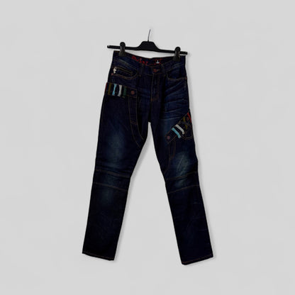 Dark Wash Denim Jeans with Contrast Stitching and Striped Detail