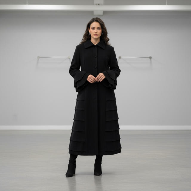 Elegant Black Long Coat with Tiered Hem and Covered Buttons STYLE U19/WL