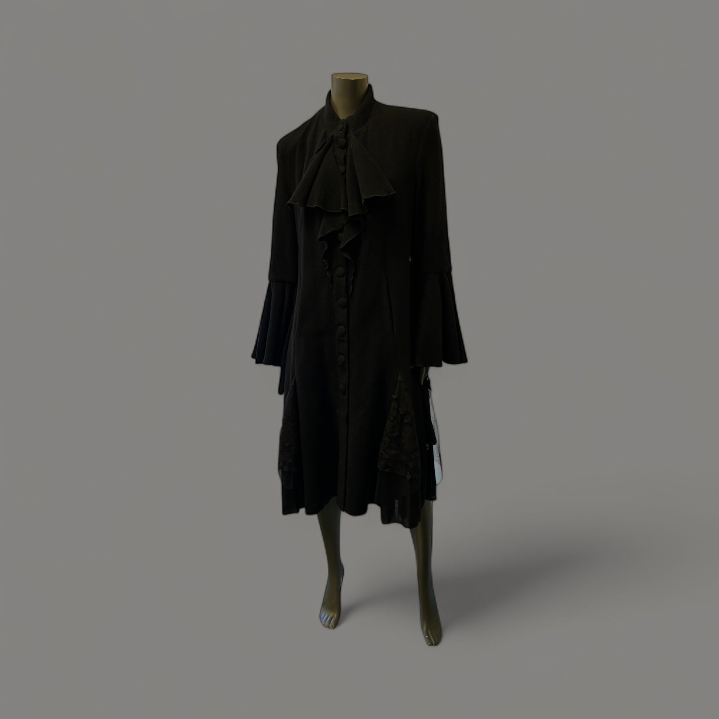 Elegant Black Long Coat with Tiered Hem and Covered Buttons STYLE U19/WL