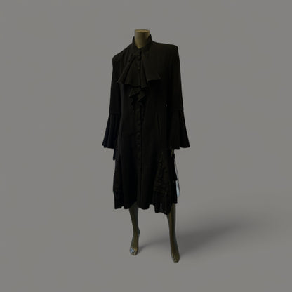 Elegant Black Long Coat with Tiered Hem and Covered Buttons STYLE U19/WL