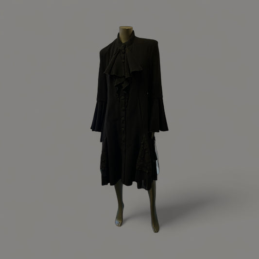 Elegant Black Long Coat with Tiered Hem and Covered Buttons STYLE U19/WL