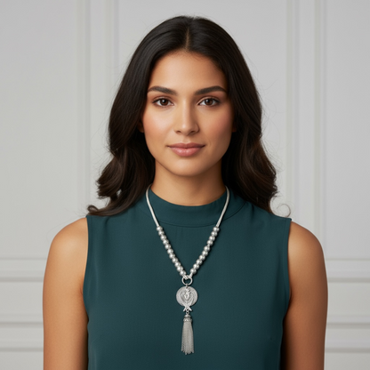 Silver Beaded Necklace with  charm & tassles
