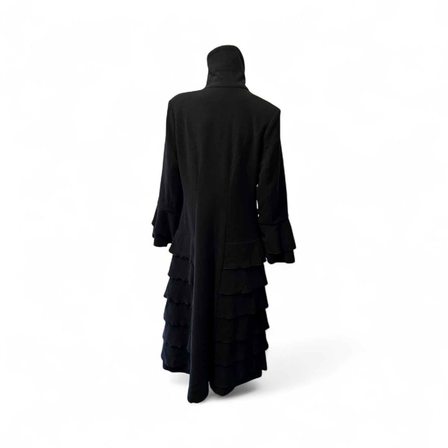 Elegant Black Long Coat with Tiered Hem and Covered Buttons STYLE U19/WL