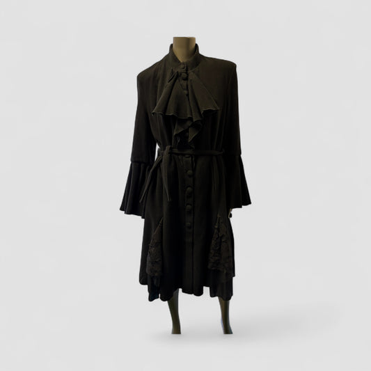 Elegant Black Belted Coat with Statement Bow and Textured Details Style U18/WL