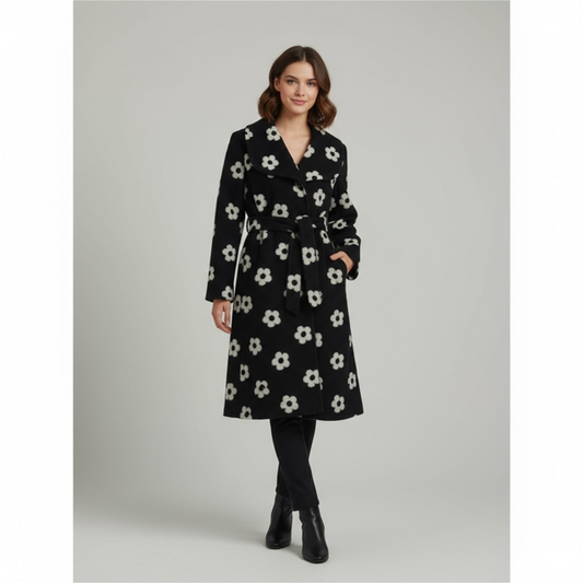Black Floral Belted Coat