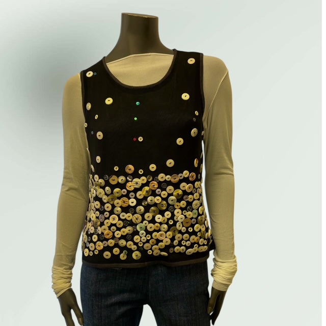 Showing the front of the  Button Embellished Mesh Layered Top in contrast Black/brown colour. the back is brown