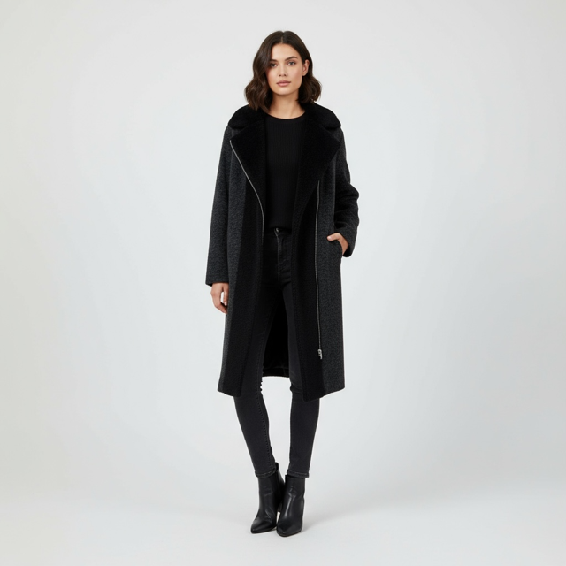 Cozy Knit Zip-Front Two-Tone Cardigan Coat