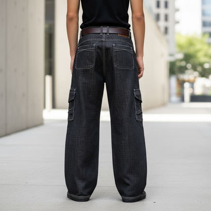 The bach of the cargo pants showing the side and back pockets
