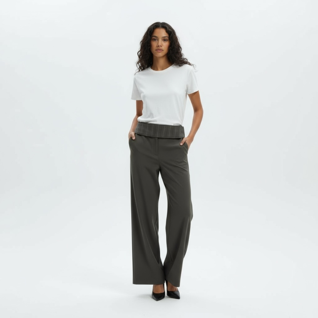 Woman wearing a white t-shirt and gray high-waisted pants on a white background