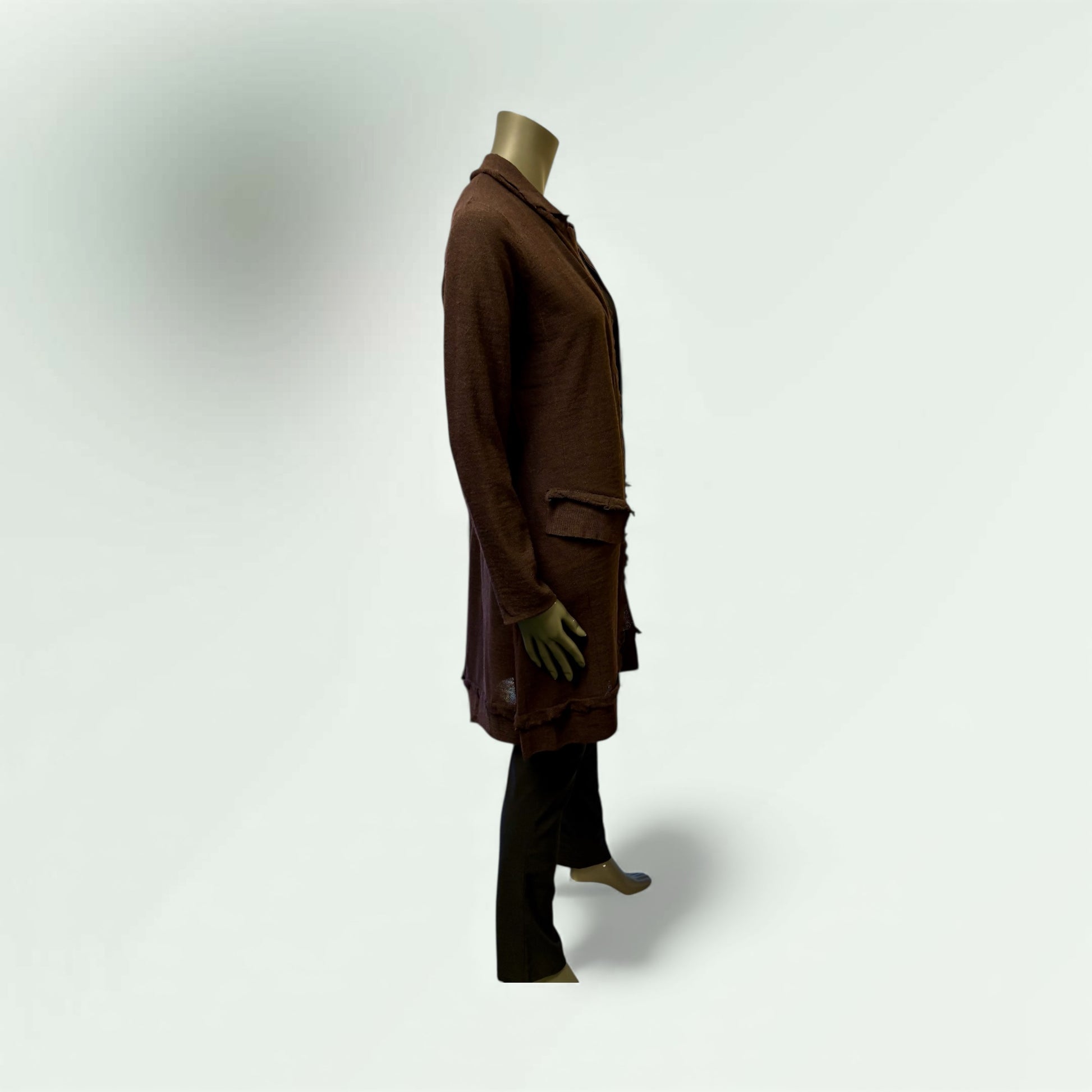 Side View of the Burgandy MId Length Frill detail double Zip Cardigan