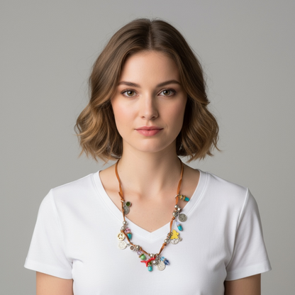 Multi coloured stone necklace on a threaded on durable leather string - can be worn as a bracelet
