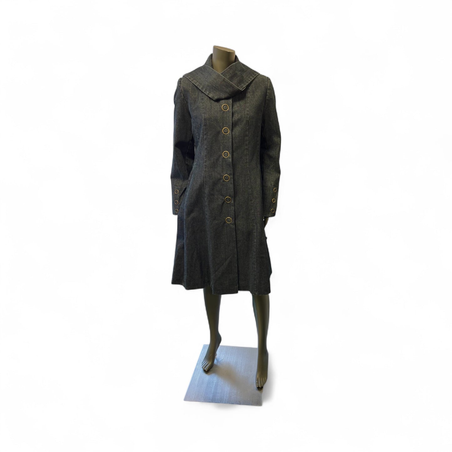 Stylish Long Denim Coat with Gold-Tone Button Detailing STYLE W30/DN