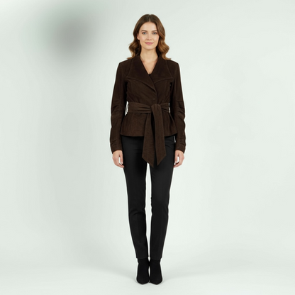 Belted Suede Jacket in Dark Brown