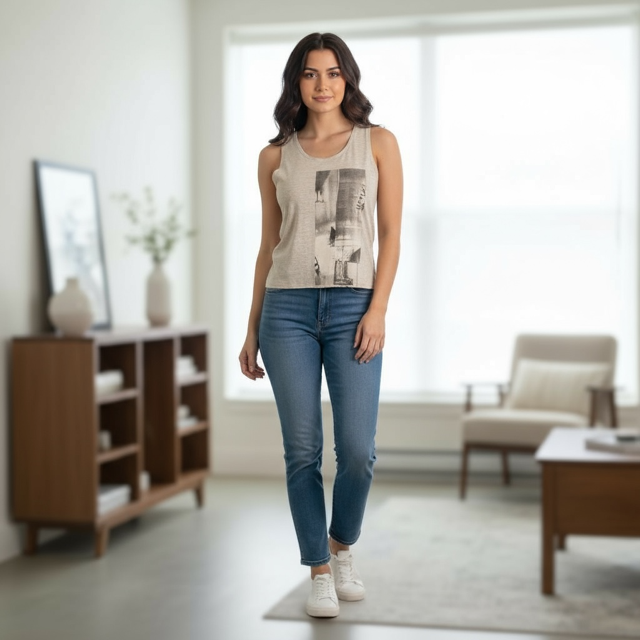 Woman wearing beige racerback tank top with abstract black print on front