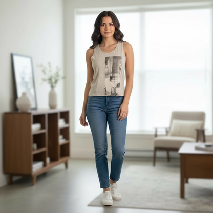Woman wearing beige racerback tank top with abstract black print on front