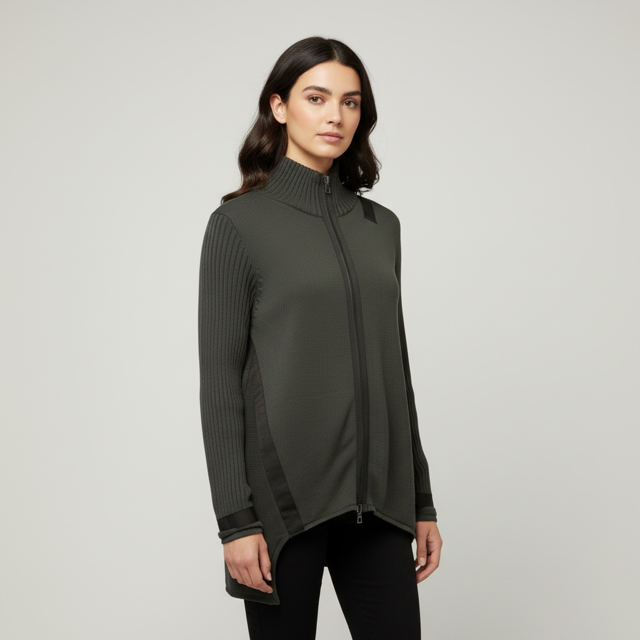 Model wearing Grey zipped cardigan