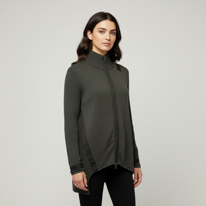 Model wearing Grey zipped cardigan