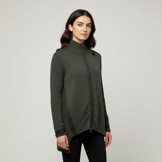 Model wearing Grey zipped cardigan