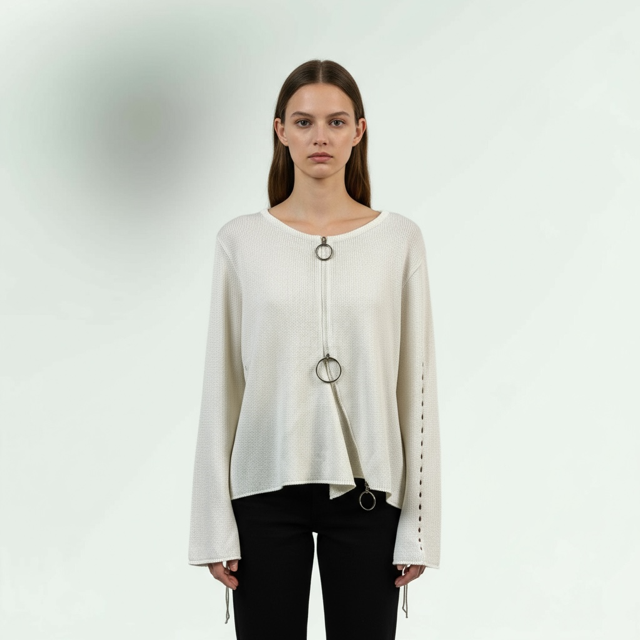 White Long Sleeve Cardigan with unique design with 2 way zips fastenings