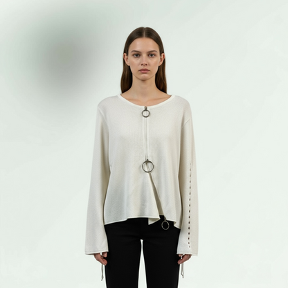 White Long Sleeve Cardigan with unique design with 2 way zips fastenings