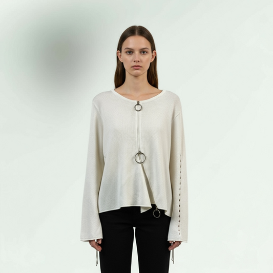 White Long Sleeve Cardigan with unique design with 2 way zips fastenings