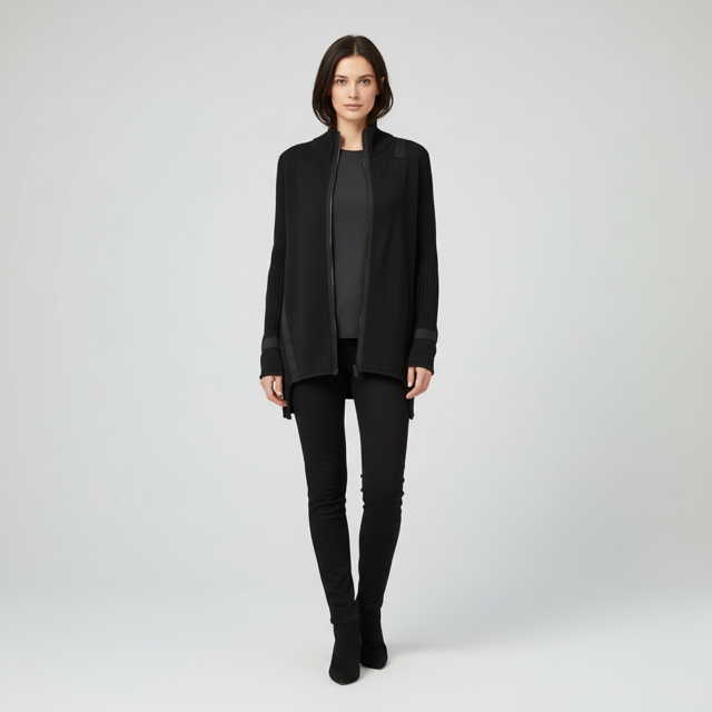 Cardigan worn unzipped