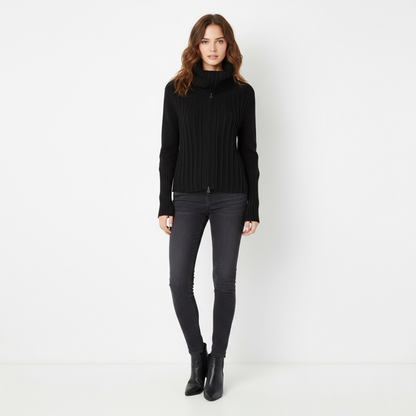 Model wearing the Ribbed Knit Zip Cardigan with the funnel neck