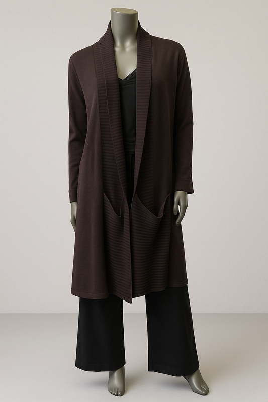 long knitted edge to edge Coat/ Cardigan with ribbing detail on lapel and pockets