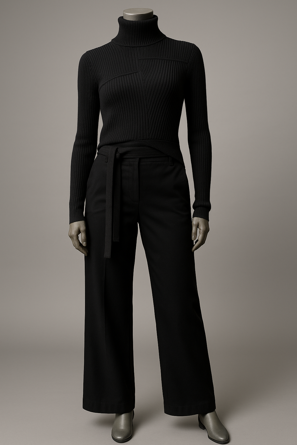 Assymetric thin Ribbed Polo neck Sweater with ties