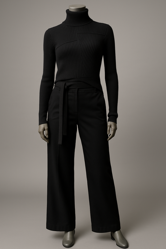 Assymetric thin Ribbed Polo neck Sweater with ties