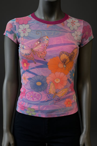 Printed Mesh T Shirt with Embelishment Purple Butterflies