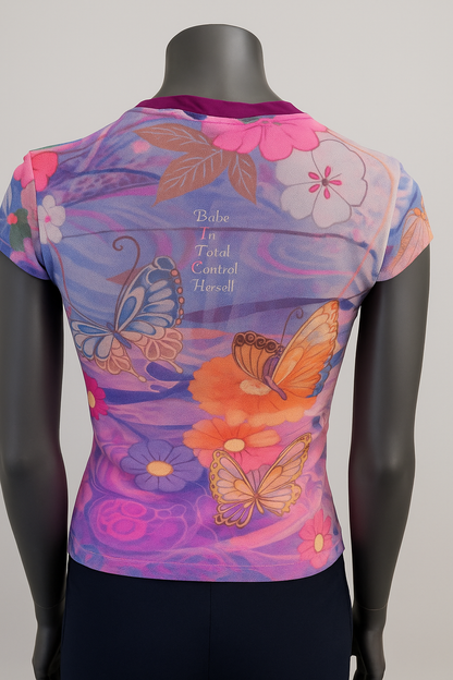 Printed Mesh T Shirt with Embelishment Purple Butterflies