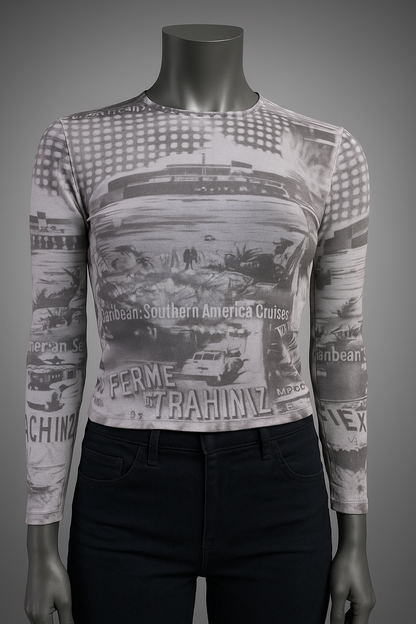 Printed Mesh T Shirt with Embelishment   South American Cruises Print