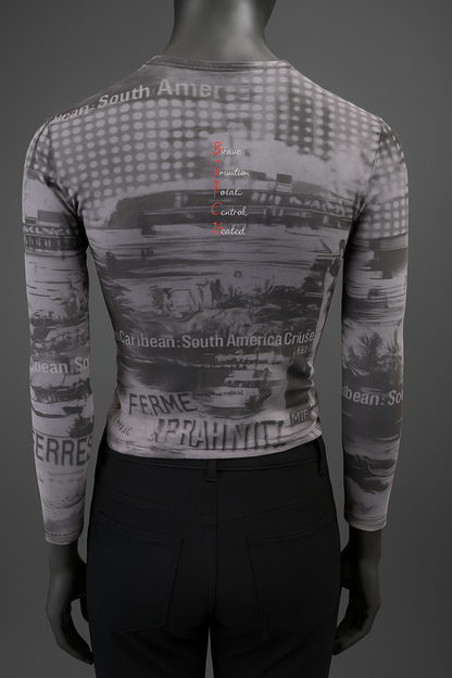 Printed Mesh T Shirt with Embelishment   South American Cruises Print