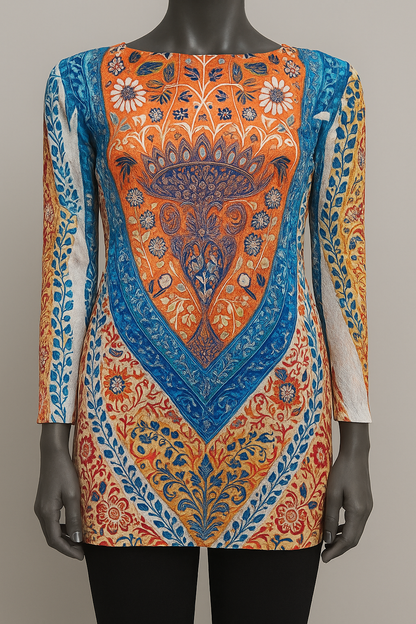 Printed Chiffon Biased Tunic Top with Sequins style 9485